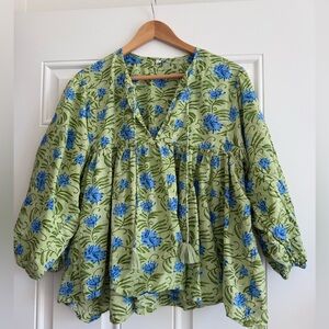 Floral Block Print Blouse in Green and Blue